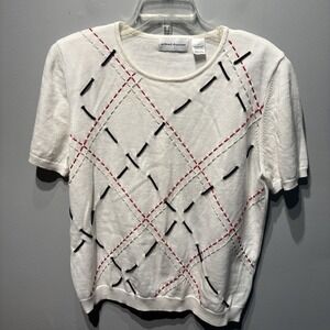Alfred Dunner Short Sleeve Knit Sweater White Red‎ Blue Embroidery Nautical SzL